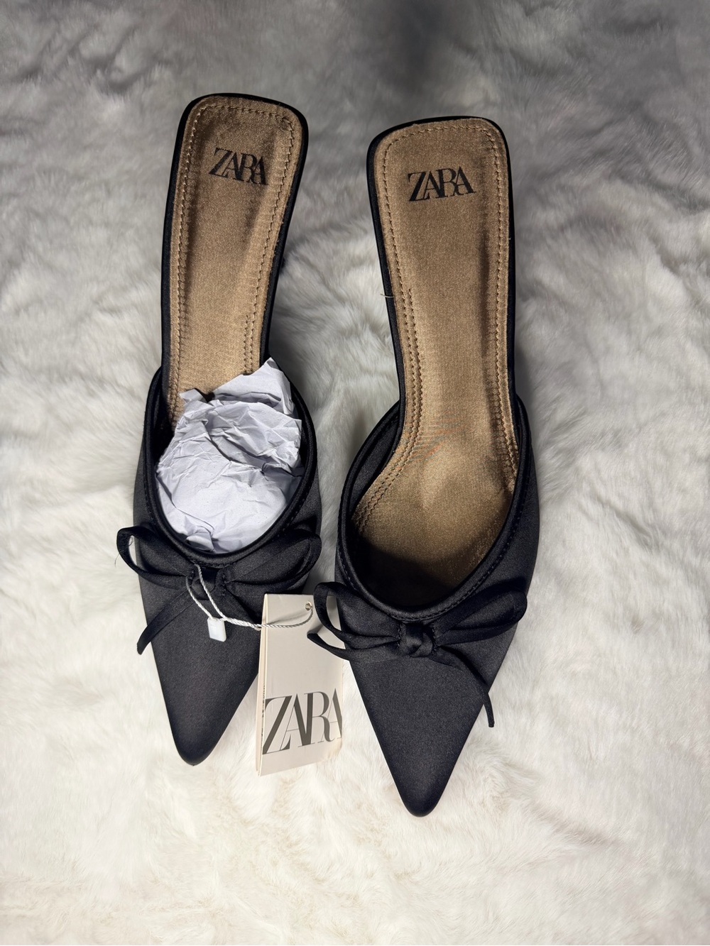 Zara Black Pointed-Toe Bow Slip-On Mules
